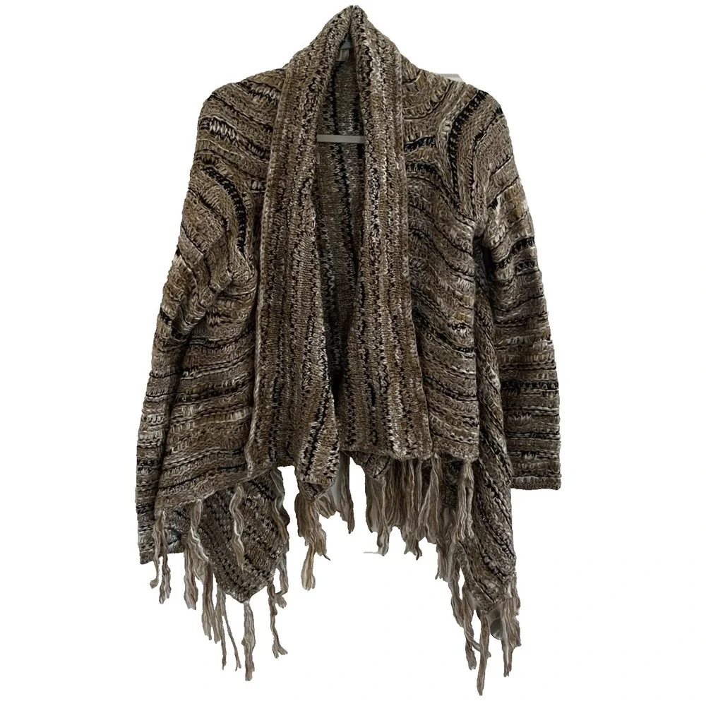 Skies Are Blue Women M Cable Knit Open Cardigan Blazer Fringed Wool Blend Brown‎